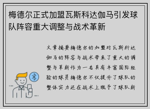 梅德尔正式加盟瓦斯科达伽马引发球队阵容重大调整与战术革新