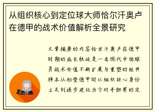从组织核心到定位球大师恰尔汗奥卢在德甲的战术价值解析全景研究 从组织核心到定位球大师恰尔汗奥卢在德甲的战术价值解析全景研究