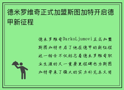 德米罗维奇正式加盟斯图加特开启德甲新征程